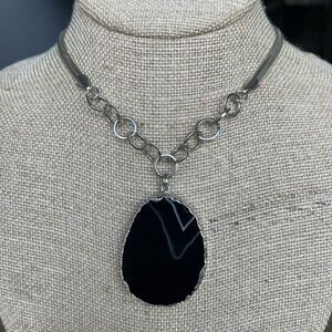 Black Gray White Agate Geode Slice Pendant Necklace Flat Snake Chain Silver Tone